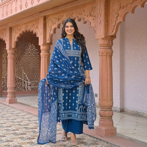 Twinfeet Women's Premium Pure Cotton Quick Dry Traditional A-Line Anarkali Kurti & Palazzo with Dupatta Suit Set (Knee-Length) - Product Image 1