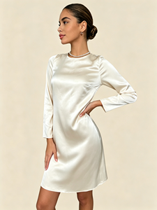 Robe midi élégante en satin à col rond avec manches courtes et ceinture à nouer, coupe fourreau, idéale pour les occasions festives, sur mesure - Product Image 3
