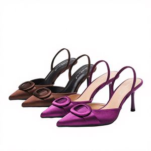 Sandalias de tacón alto marrones para mujer, con punta, talón descubierto, de goma, sin cordones, a la moda, para banquetes, trabajo, delgadas, sexys, de verano - Product Image 2