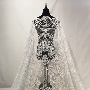Красивая белая 3D вышитая кружевная ткань высокого качества Свадебная французская сетчатая кружевная ткань с бусинами для свадьбы