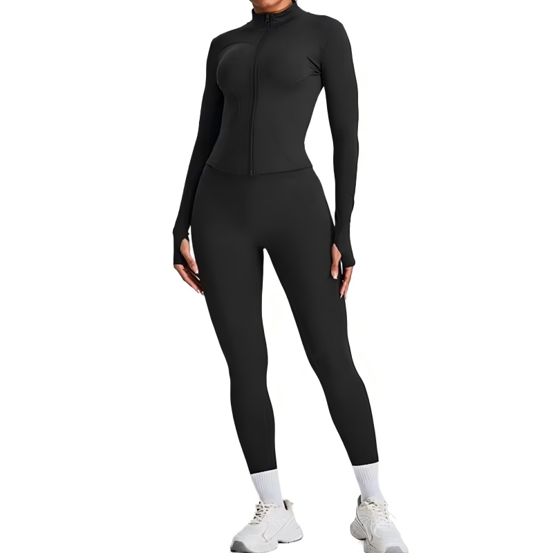 Custom Logo Women's Quick-Dry Breathable Long-Sleeve Zipper Yoga Running Pilates Tight-Fitting Fitness Sportswear Top and Pants