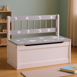 Banc de rangement en bois pour enfants avec motif étoiles et lune pour l'organisation des jouets - Product Image 2