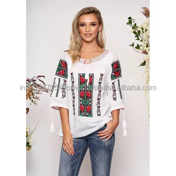 Europese Nationale Boer Geborduurde Peasant Blouse Tassel Tie Hals & Mouw Traditionele Roemeens Meisje Shirt Vrouwen Mode Top