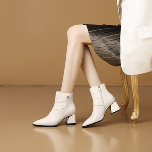 Nouvelles <span class=keywords><strong>Bottines</strong></span> <span class=keywords><strong>Femme</strong></span> Style Britannique à Bout Pointu, en <span class=keywords><strong>Cuir</strong></span> de Vachette Véritable, à Enfiler, avec Boucle et <span class=keywords><strong>Talon</strong></span> Carré, Idéales pour l'Automne - Product Image 4