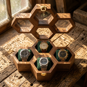 Boîte à montres carrée en bois avec coussinets verts, étui en bois poli fait main, logo personnalisé pour présentation sur bureau - Product Image 1