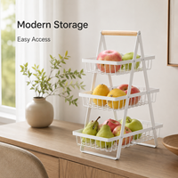 Étagère de rangement de cuisine à 3 niveaux en fer durable et peu encombrante avec poignée en bois pour un rangement alimentaire organisé