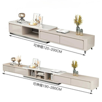 Meuble TV moderne rétractable, meuble TV extensible avec plateau en pierre frittée et tiroirs multiples, longueur réglable, basse hauteur