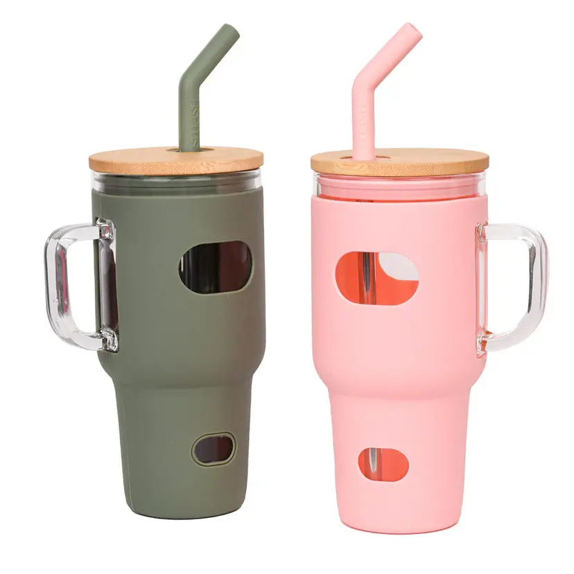 2023 New 32oz Glass Tumbler With Bamboo Lid And Stainless Steel Straw With Silicon Iced Coffee Cup With Handle BPA Free