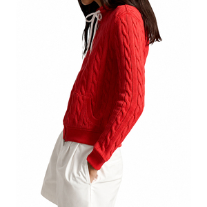 Wholesale Custom 100% Cotton Cable Knit <strong>Women</strong> Hooded Sweater Zip up 7GG Chunky <strong>Red</strong> Preppy Varsity Zip Knitwear <strong>Cardigan</strong> - Product Image 3