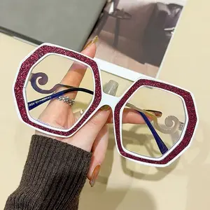 2024 Unisex Anti-Blue Flat Mirror Large Frame Polygon Design Custom Fashion Shiny Trend For European And American Ladies