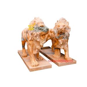 Estatuas de piedra <span class=keywords><strong>caliza</strong></span> marrón de alta calidad par León y bola en cuclillas mármol <span class=keywords><strong>calle</strong></span> paisaje diseño piedra arte escultura - Product Image 3