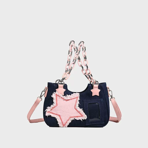 Bolso de cuero para mujer, tipo bandolera, de denim japonés, con ventana para muñeco de peluche y parche de estrella, tipo Itabag, fabricante, suministro a granel personalizado - Product Image 3