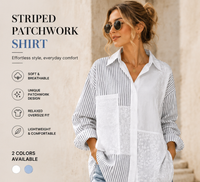 Chemisier décontracté surdimensionné en mousseline brodée à rayures et patchwork pour femme, avec panneau en dentelle unique, manches longues, vente en gros OEM ODM