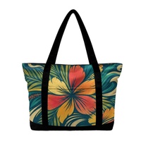 Sac de courses en toile à imprimé Hibiscus Hawaïen Sunburst, prêt à la vente, avec fermeture éclair et longues poignées de transport