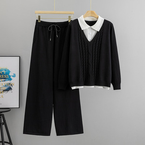 Conjunto de Suéter Tejido para Mujer, Cárdigan Holgado y Cómodo con Cuello en V, Pantalones Anchos de Pierna, Conjunto de Dos Piezas, Otoño Invierno 2026 - Product Image 3