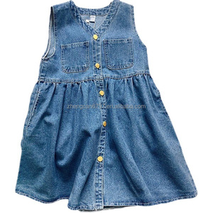 2024 Jean coreano moda ragazze vestito con tasche tinta unita blu estate prendisole senza maniche - Product Image 1