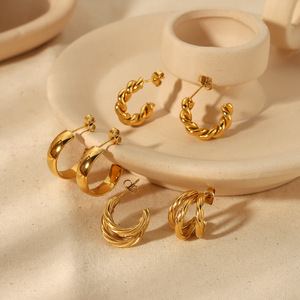 Pendientes de Aro con Alambre Trenzado, Chapados en Oro de 18K, Acero Inoxidable, Forma Geométrica de C, Unisex, para Uso Diario - Product Image 2