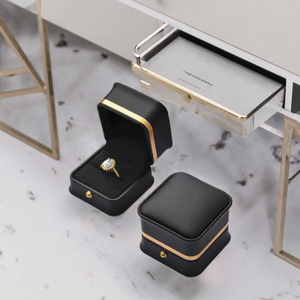 Luxury <b>Ring</b> Jewelry <b>Box</b>, Gold Trim Square <b>Ring</b> Storage Case, Soft Velvet Interior Jewelry <b>Box</b> for <b>Proposal</b> - Product Image 3