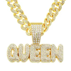 Cuban Link Chain With Alloy And Bling CZ Hip Hop QUEEN Letter Pendant Charm Necklace