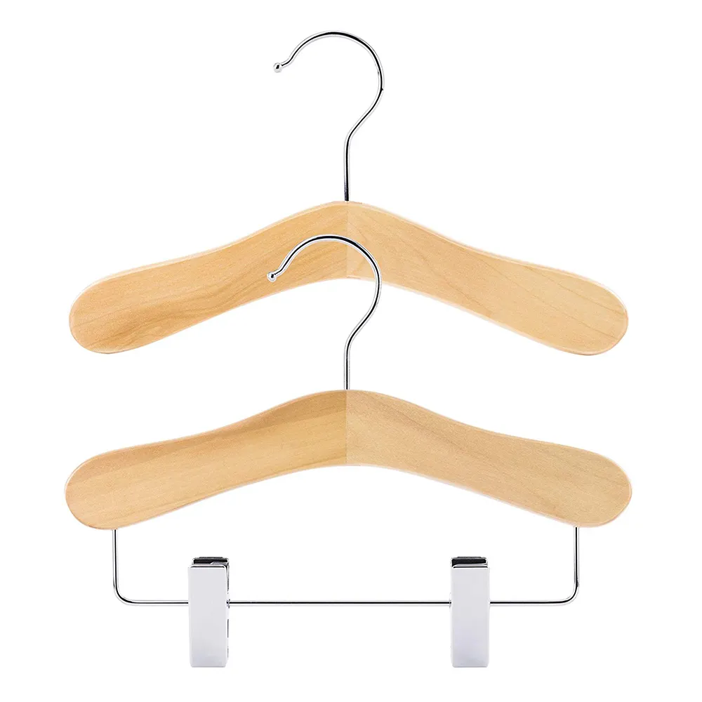 Wholesale nature Solid Wooden Clothes cute baby Suits Coat Children Hangers mini with clips cheap