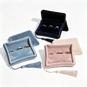 Square Velvet Ring <b>Boxes</b> With Handmade Tassel Closure Wholesale Soft Plush Velvet Interior For Wedding Band - Product Image 1