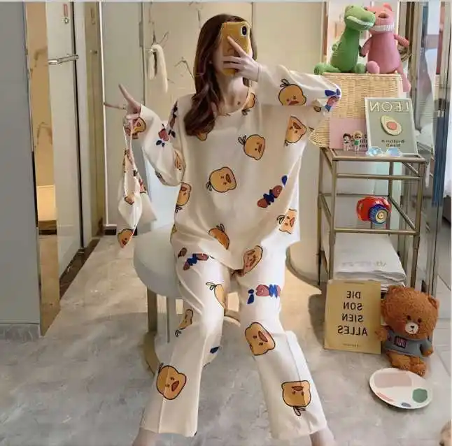 Milk Silk Summer 2 Pc Pajama Set Cartoon Pyjamas Women Long Sleeve Sleepwear women home wear Set