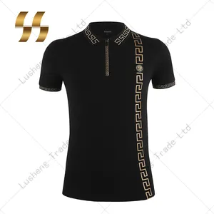Erkek geometrik altın baskılı siyah turn-aşağı yaka Spandex kısa kollu Polo gömlekler