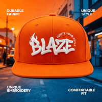 Casquette Snapback à visière plate orange unie avec broderie 3D en relief BLAZE Flame Streetwear Hip Hop pour la mode de rue et le skateboard
