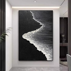Hand Painted Oil <b>Painting</b> Waves Chasing Black White Textured Abstract Art Rectangle Metal <b>Frame</b> Entryway Living Room Wall Decor - Product Image 1