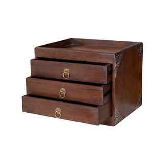 Caja de almacenamiento de té tailandesa vintage de madera maciza con 3 cajones y tapa para pastel de té Pu-erh, organizador de escritorio - Product Image 5