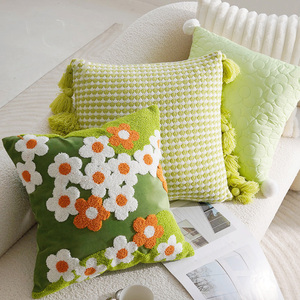 Luxury Green Floral Tufted Throw Pillow Set Cute Pumpkin <strong>Shaped</strong> <strong>Cushion</strong> with Embroidery <strong>Flowers</strong>, Soft Velvet Plush Fabric - Product Image 5