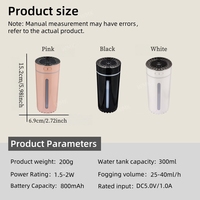 Mini humidificateur d'air portable USB à ultrasons en plastique, brume fraîche, projecteur de lumière LED, 300 ml, rechargeable intelligent pour voiture et usage domestique
