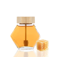 Grosir Stoples Madu Kaca Heksagonal 380ml 100ml 280ml Tutup Sekrup Emas Stoples Madu Kaca Kosong Custom dengan Tutup Kayu dan Kotak