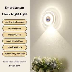 Round LED night <b>light</b> with digital clock, magnetic installation via human body sensor, equipped with rechargeable battery - Product Image 4