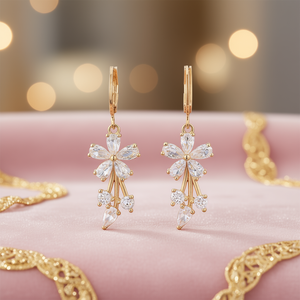 Pendientes colgantes de flor de cristal rosa, joyería romántica chapada en oro para mujer, E465 - Product Image 2