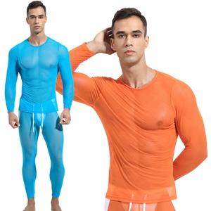 Magliette da uomo in rete arancione biancheria intima <span class=keywords><strong>trasparente</strong></span> Sexy top trasparenti See Through Undereshirt Club Wear magliette Vintage <span class=keywords><strong>camicia</strong></span> <span class=keywords><strong>nera</strong></span> - Product Image 1