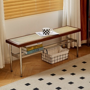 Banco de Madera Maciza con Tejido de Ratán, Estructura de Acero Inoxidable, para Hogar, Dormitorio, Sala de Estar - Product Image 5