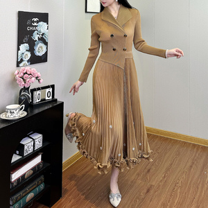 Vestido Elegante para Escritório com Entrega Rápida, Último Design, Cor Sólida, Manga Longa, Vestidos Casuais Plissados - Product Image 3
