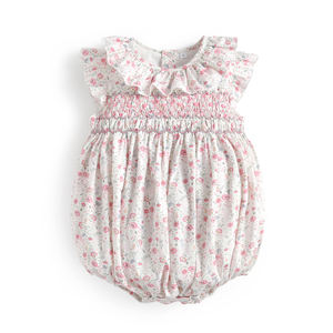 Combinaison d'été pour bébé fille, nouveau-né, en coton tricoté, smockée, broderie, sans manches, imprimé floral, couleur personnalisée, bouton - Product Image 1