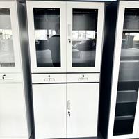 Armoire de classement en métal avec portes en verre, tiroirs et étagères réglables, design de rangement en acier pour des dossiers de bureau organisés