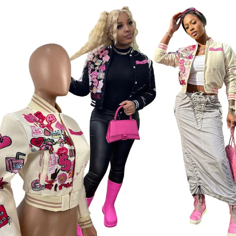 Fast Shipping 2023 New Product High Quality Varsity Jacket Women Fashion Print Pink Women Coats