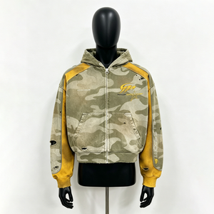 Felpa con Zip <span class=keywords><strong>Y2K</strong></span>, Patchwork Mimetico Giallo Senape, Giacca Vintage Effetto Invecchiato con Grafica Personalizzata - Product Image 1