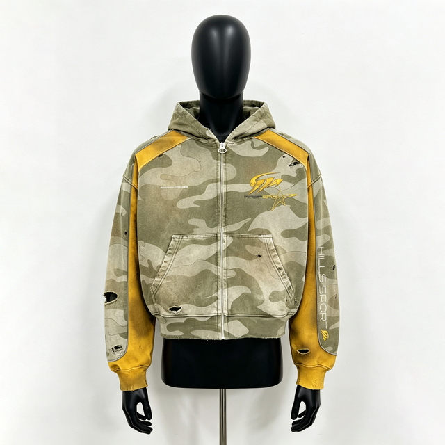 Y2K Zip up Hoodie Camo Patchwork Mustard Yellow Heavyweight Distressed Vintage Wash Graphic Jacket Custom Camo Hoodie