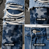 Pantalon cargo hybride pour homme, personnalisé, bleu vintage, style streetwear, en denim épais, déchiré et vieilli, motif camouflage, coupe large, avec ourlet brut et éléments utilitaires, collection automne