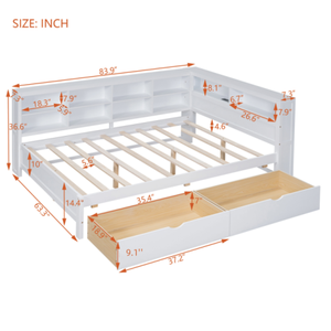 Modern Solid Wood Full Size DayBed with 2 Drawers Storage Shelf USB Charging Ports White - Product Image 3
