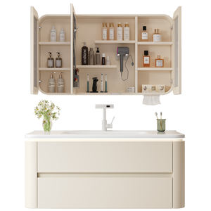 Современная тумба для ванной 2024 года с раковиной, лакированная кремовым цветом, комбинированная, с двумя выдвижными ящиками, новая керамическая раковина-умывальник - Product Image 4