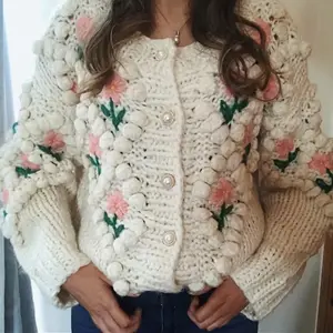 Customized FNJIA New Handmade Crochet Ladies Sweater Embroidered Twisted Pearl Buttons Womens Cardigan Sweater