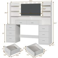 Grande coiffeuse de maquillage blanche avec miroir et éclairage, 8 tiroirs et 6 étagères de rangement, avec prises électriques intégrées