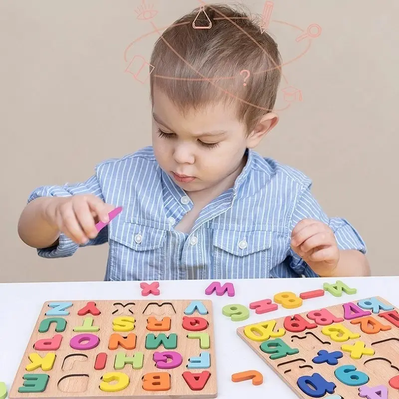Montessori Anak-anak 3D Puzzle Kayu Angka Alfabet Bentuk Puzzle Prasekolah Mainan Pendidikan Awal Papan Permainan Cocok Hadiah