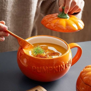 850ml Creative Pumpkin <strong>Cup</strong> With Lid Spoon <strong>Ceramic</strong> Tableware Cute Small Big Rice Soup <strong>Noodles</strong> Bowl